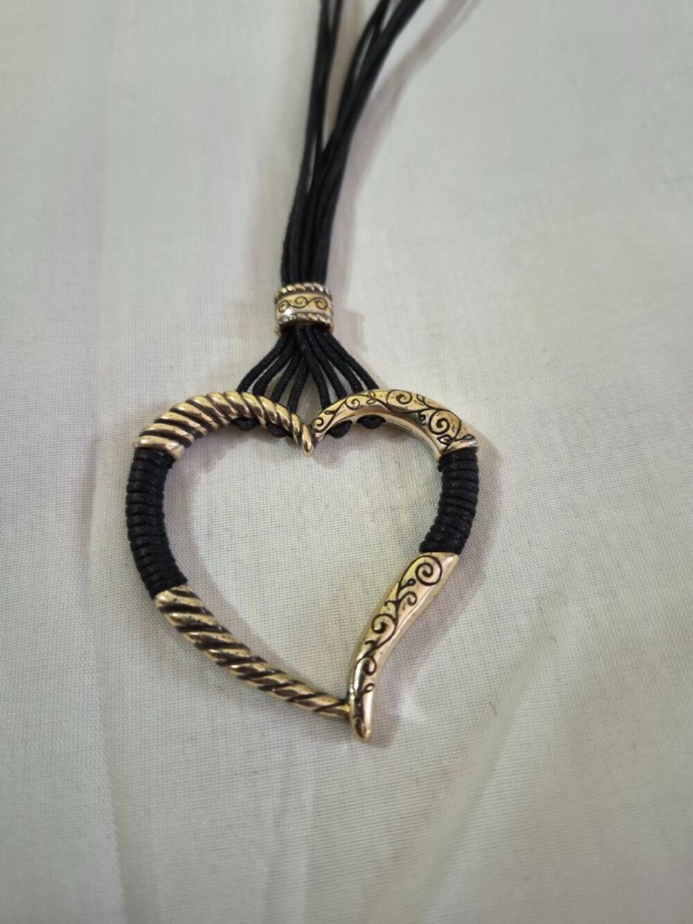 Vintage Brighton Heritage Scroll Heart Black Cord Gold Tone Necklace